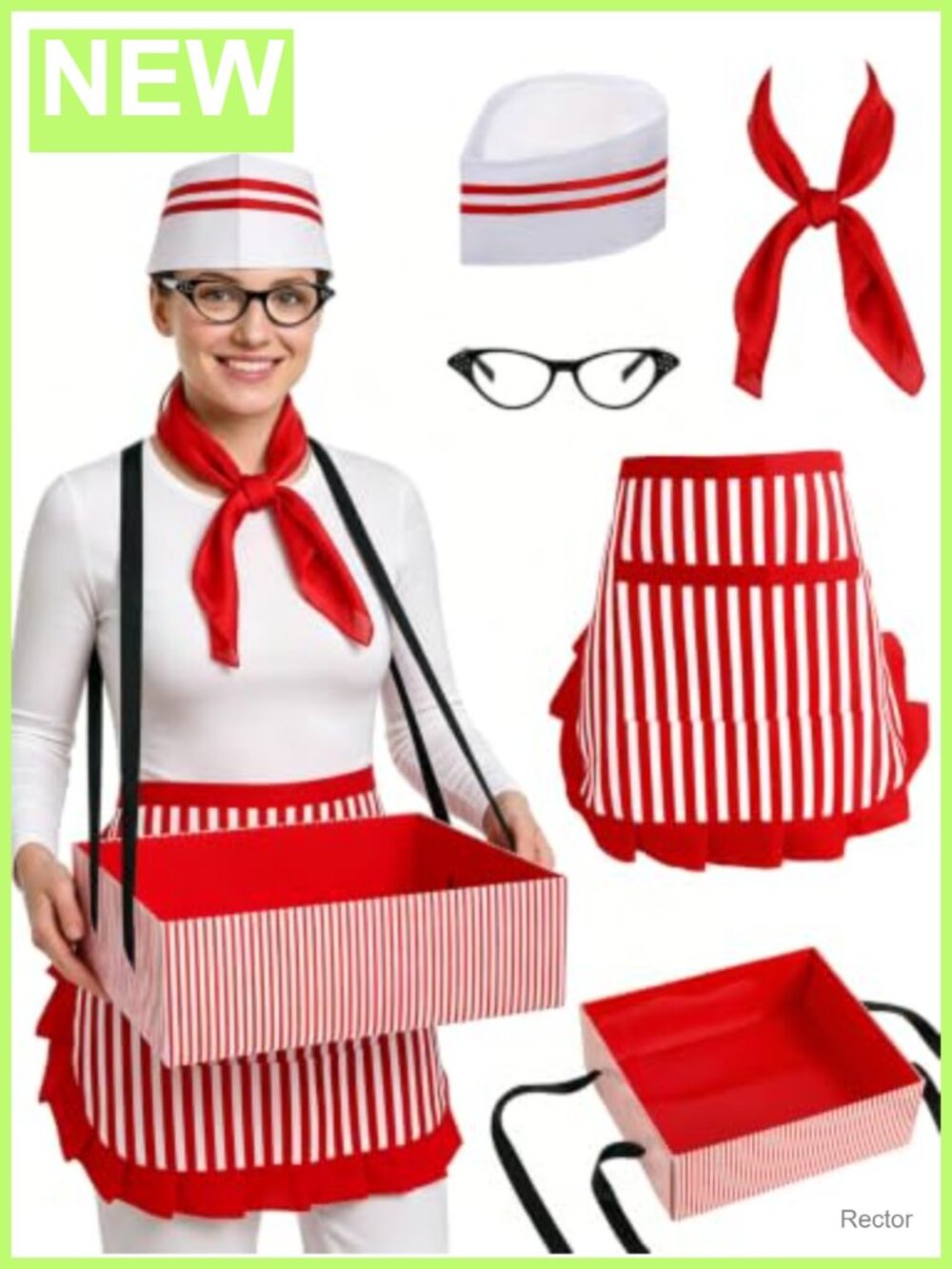 1950s Waitress Costume Kit Retro Diner Apron Hat Scarf Glasses Tray Adult